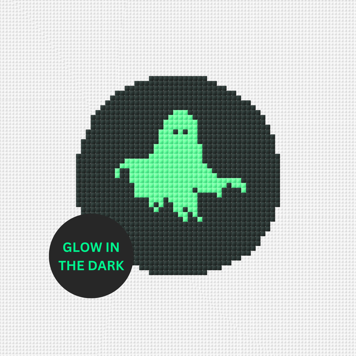 Pixelated ghost design glowing in the dark on a white background