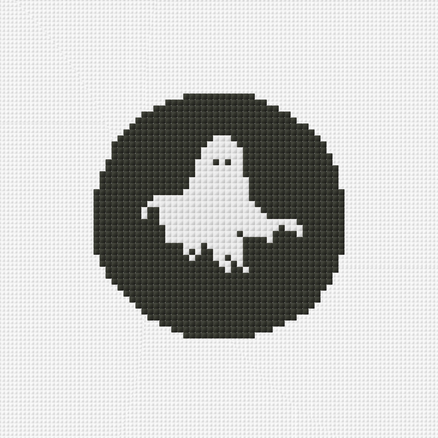 Pixelated ghost design on a black circle with a white background
