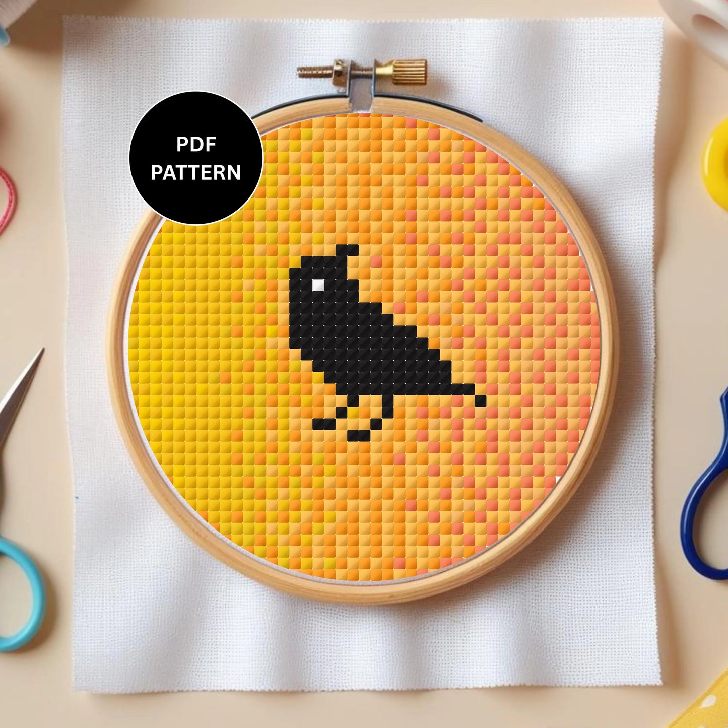 Ombre Mini Crow Cross Stitch Pattern – Halloween Instant PDF