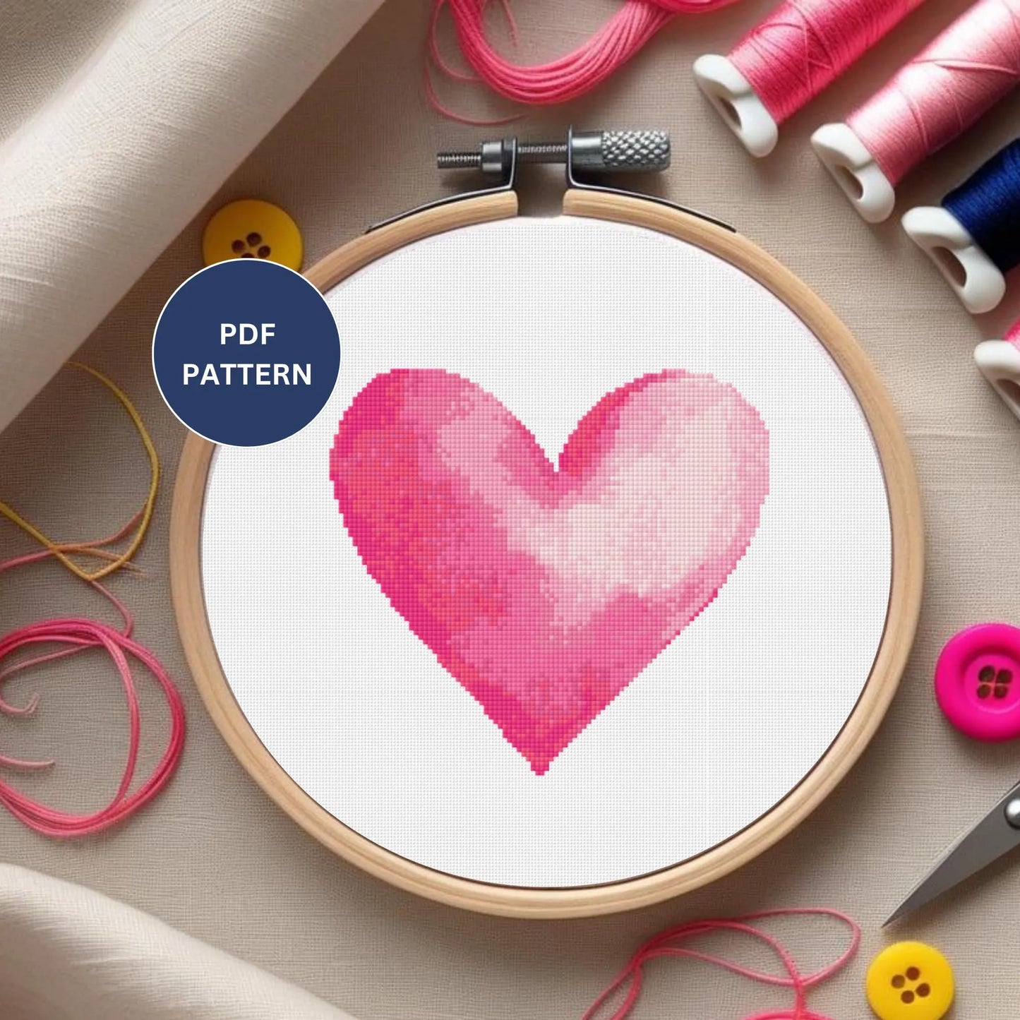 Pink Watercolor Heart Cross Stitch