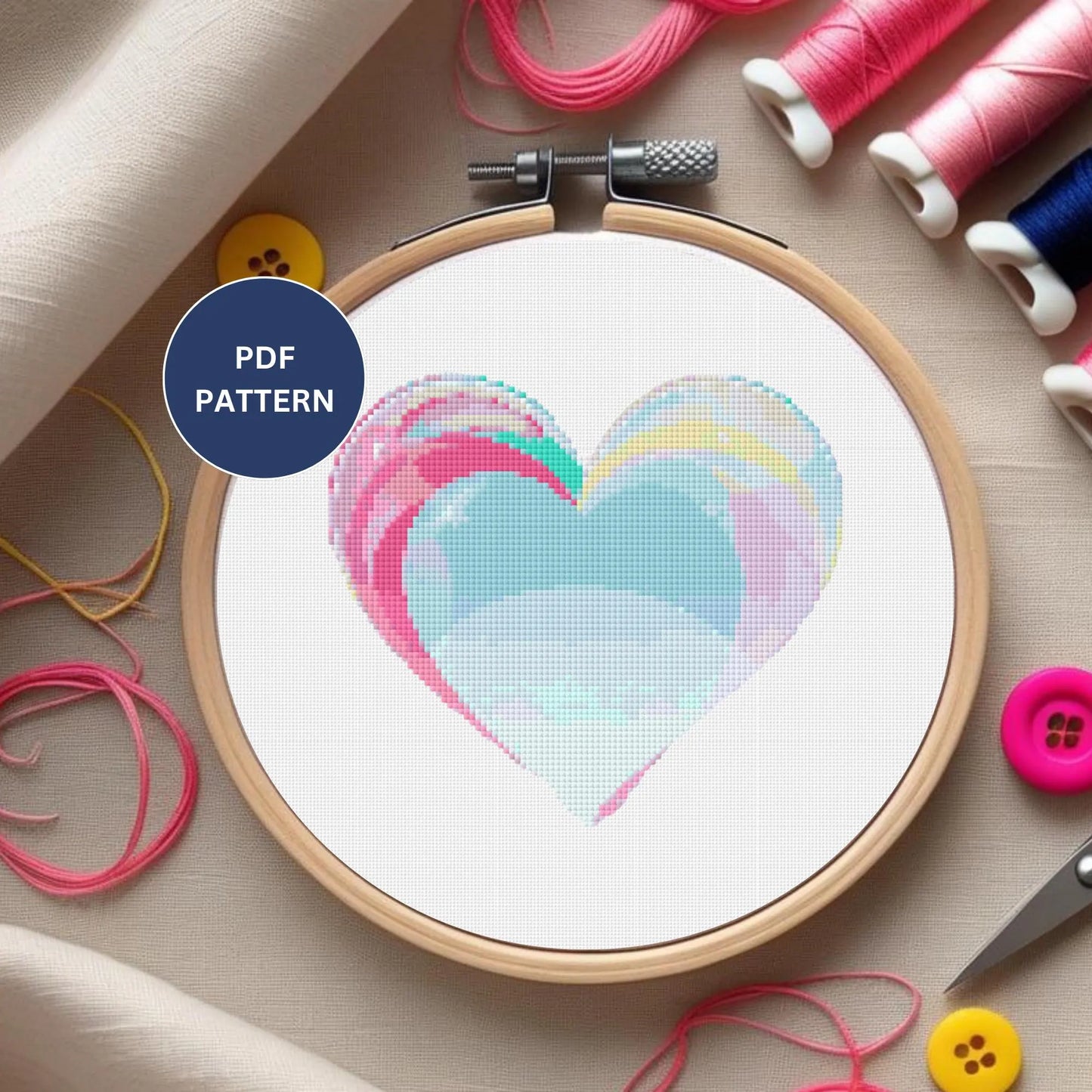 Blue Watercolor Heart Cross Stitch Pattern