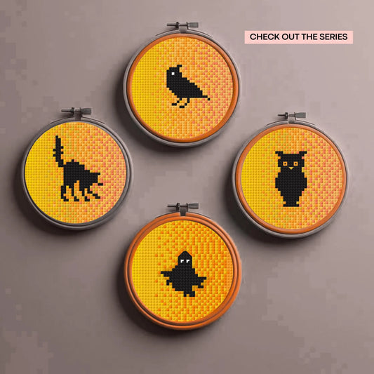 Halloween Mini Cross Stitch Pattern Bundle – Cat, Crow, Ghost & Owl – 3x3" Silhouettes