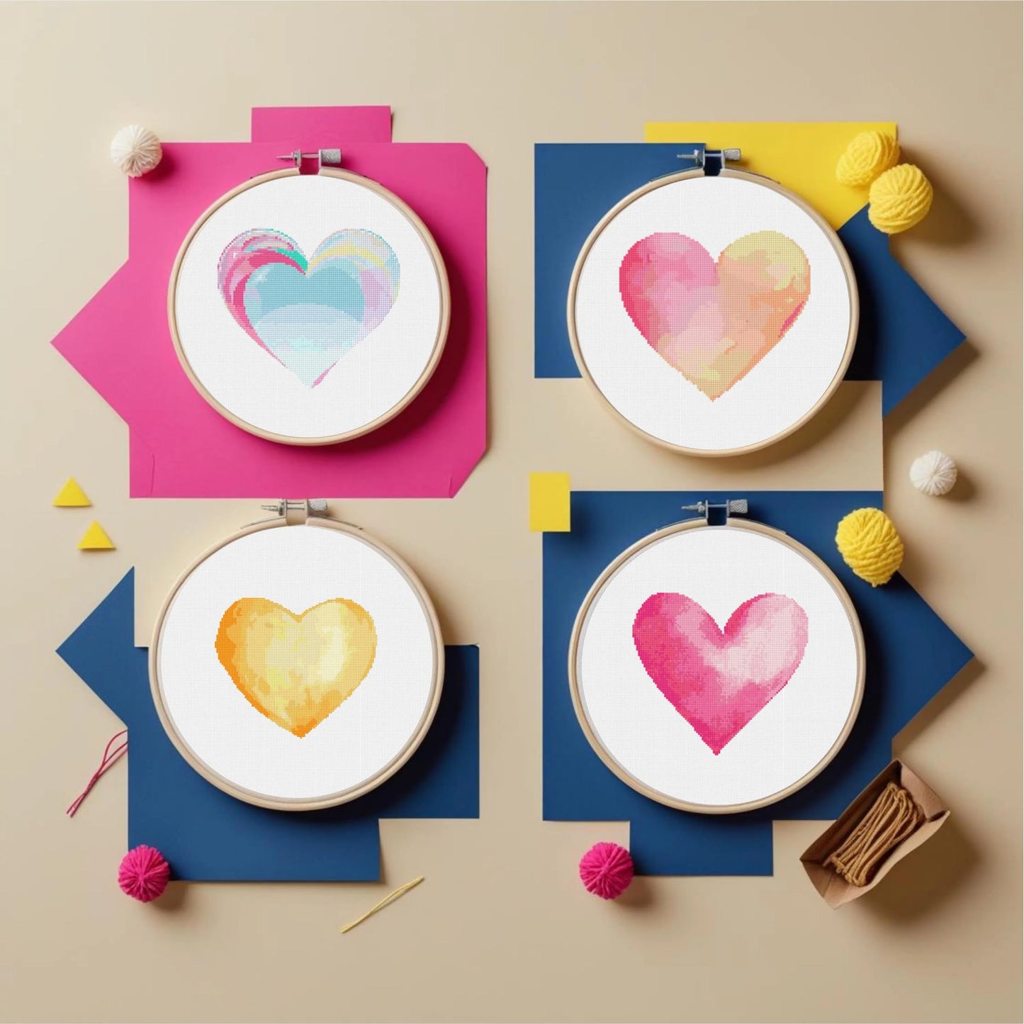 Watercolor Heart Cross Stitch Pattern Bundle
